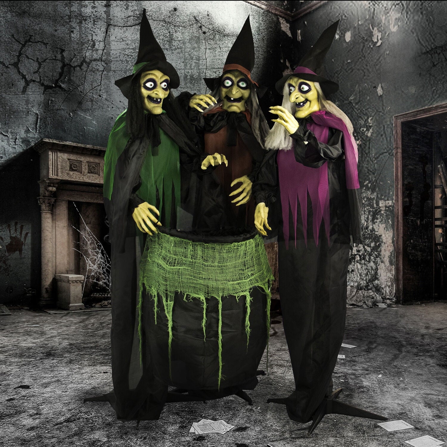 5.7 Ft Animatronic 3 Witches with Cauldron, Indoor/Covered Outdoor Halloween Decoration with Light-Up Eyes, HHWITCH-15FLS