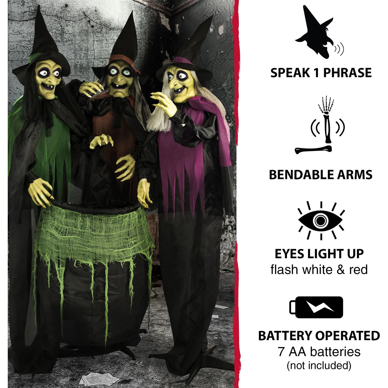 5.7 Ft Animatronic 3 Witches with Cauldron, Indoor/Covered Outdoor Halloween Decoration with Light-Up Eyes, HHWITCH-15FLS