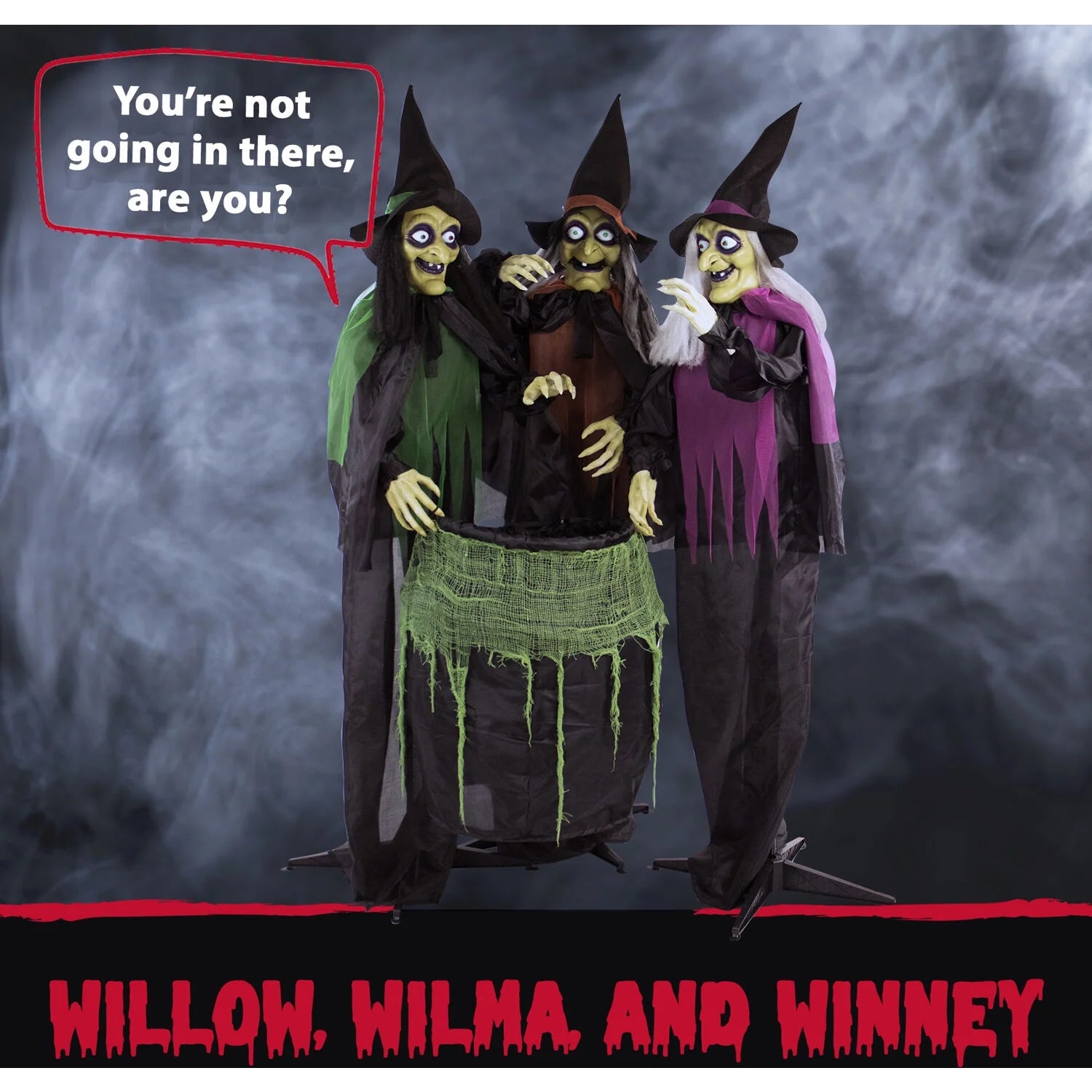 5.7 Ft Animatronic 3 Witches with Cauldron, Indoor/Covered Outdoor Halloween Decoration with Light-Up Eyes, HHWITCH-15FLS